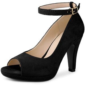 Platform Peep Toe Ankle Strap Stiletto Heel Pumps for Women, Black